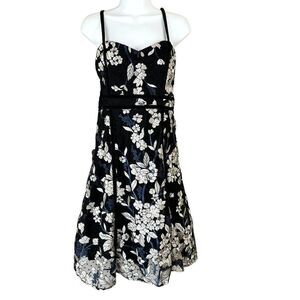 Lulus Black Floral Embroidered Midi Dress L Silver Tulle Bottom‎ Stunning